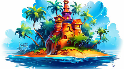Obraz premium Vibrant island scene depicted in chibi style with cartoony drawings and vivid colors.