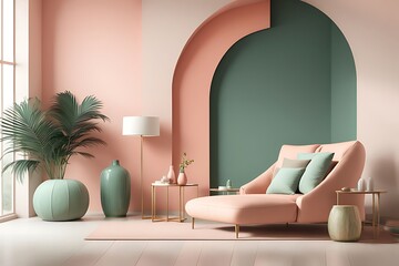 2024 Trend with Peach Fuzz Living Room with Pastel Wall Accent, Emerald Green Interior Design, Apricot Salmon Luxury Scene, 3D Render

