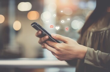 A close-up of a woman's hand using a mobile phone with a social media icon floating on the screen, a light bokeh background, the concept of online marketing.
