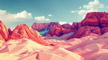 Create a soft, low poly desert landscape with gentle pastel dunes  singular rock formations.