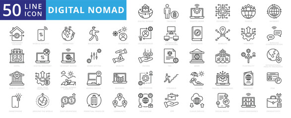 Digital nomad icon set with traveler, remote work, technology, people, internet, temporary housing, hotel, smartphone and public library.