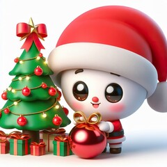 Animated character 3D image of cute, kind, little santa claus in a hat with a decorated christmas tree. composition in a ball