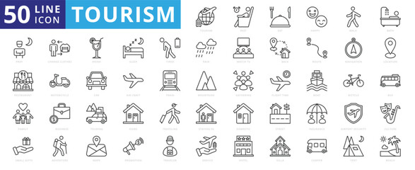 Tourism icon set with rest, eat, happy, walk, bath, pray, restaurant, family, small gifts, change clothes, drink and sleep.