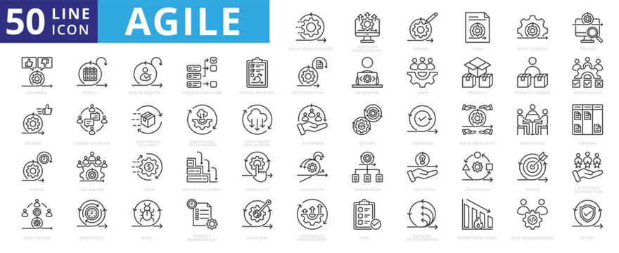 Agile icon set with software development, design, plan, agile process, testing, feedback, release, daily, burndown chart and scrum.