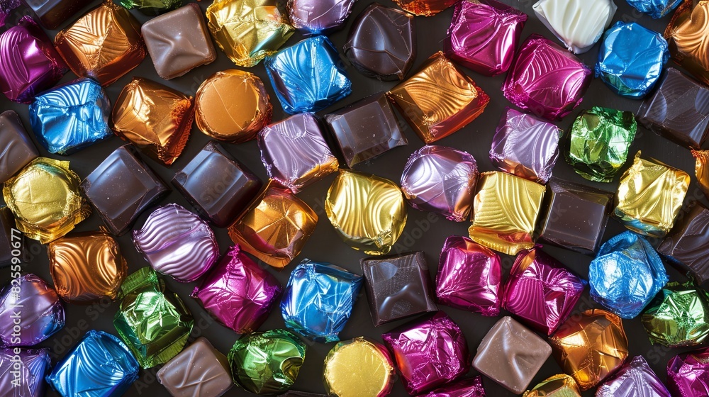 Poster various colorful chocolates spread out on a table, displaying vibrant colors and shiny wrappers. gen
