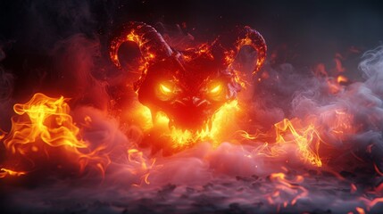 Fiery Demonic Skull Emerging from Smoke and Flames - Dark Fantasy Art depicting a Hellish Menacing Entity with Glowing Eyes and Horns