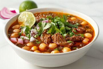 pozole on bowl on white background