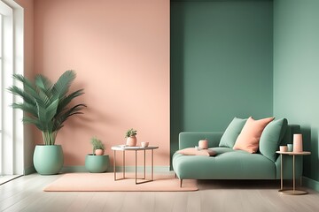 2024 Trend with Peach Fuzz Living Room with Pastel Wall Accent, Emerald Green Interior Design, Apricot Salmon Luxury Scene, 3D Render


