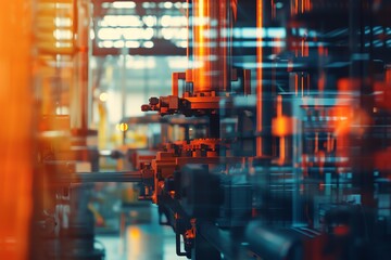 Fototapeta premium Industrial factory machinery close up, focus on, copy space, vibrant colors, double exposure silhouette with productivity