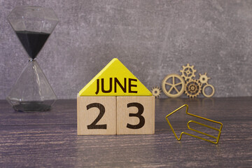 June 23. Blue cube calendar with month date isolated on white background.
