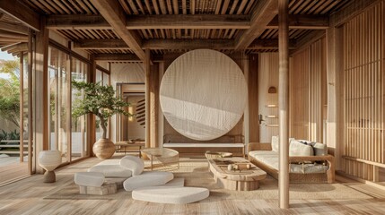 Obraz premium Living Room Inspired By Japanese Zen Design, With Low Furniture, Natural Materials, And A Serene Atmosphere , Room Background Photos