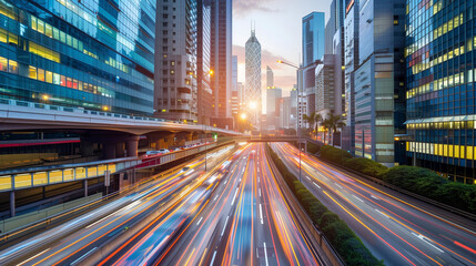 Naklejka premium Evening City Highway with Modern Skyscrapers and Light Traffic