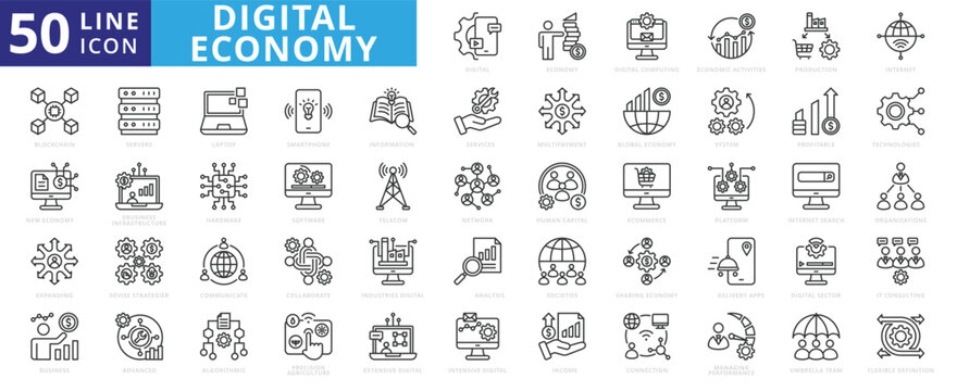Digital economy icon set with online payment, economic activities, production, internet, blockchain, multipayment and expanding.
