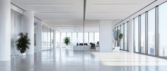 Modern open-plan office space with large windows, natural light, and minimalistic design featuring plants and workstations.
