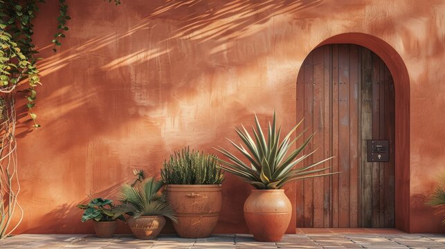 Desert plants in terracotta pots outside a rustic door, basking in natural sunlight beside a stucco wall. Background with copy space.