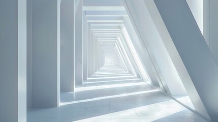 Futuristic white corridor with geometric design and light patterns creating an endless perspective. Background with copy space.
