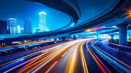 Highway overpass motion blur with city background