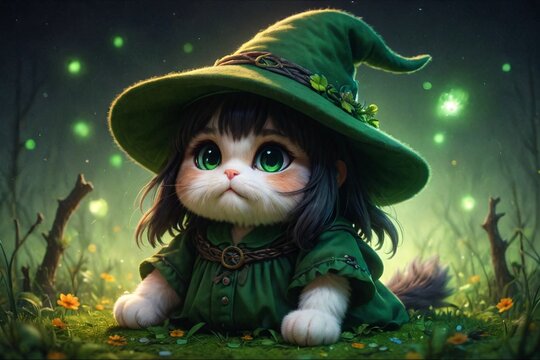 A giant, fluffy fat cat with green eyes, a double braid, and black hair.