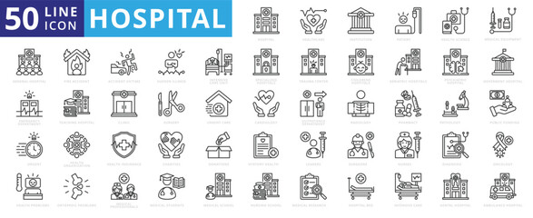 Hospital icon set with health care, institution, patient, science, medical equipment, general and emergency department.