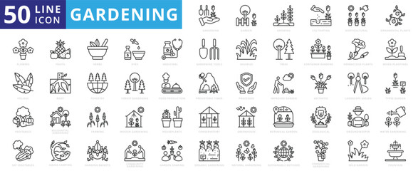 Gardening icon set with growing, cultivating, horticultural, ornamental plants, flowers, foliage, vegetables and eat.
