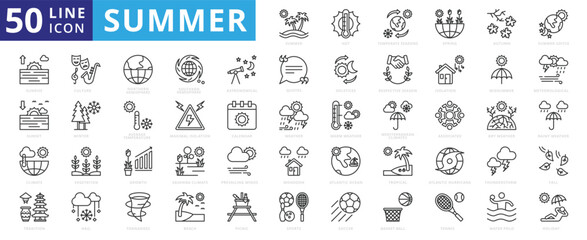 Summer icon set with hot, temperate season, spring, autumn, picnic, sunrise, sunset, climate, tradition and culture.
