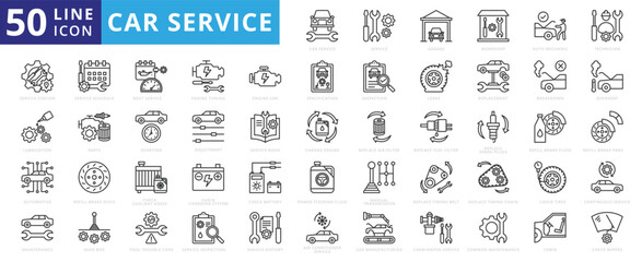 Car service icon set with garage, workshop, auto mechanic, technician, station, lubrication, maintenance and automotive.
