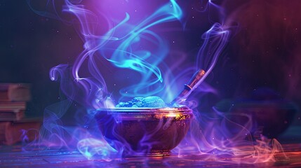 Swirling smoke above a cauldron with a mysterious potion, evoking a captivating aura
