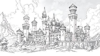 Obraz premium architecture, sketch, drawing, building, castle, vector, church, city, illustration, house, old, tower, town, vintage, art, medieval, europe, travel, paris, design, home, street, landscape, cathedral,