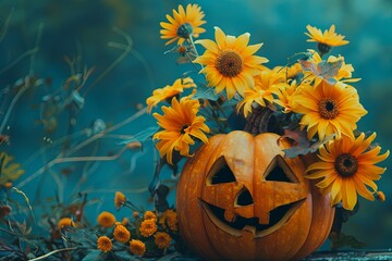 Creating a cozy Halloween ambiance: Pumpkin with vibrant yellow flowers