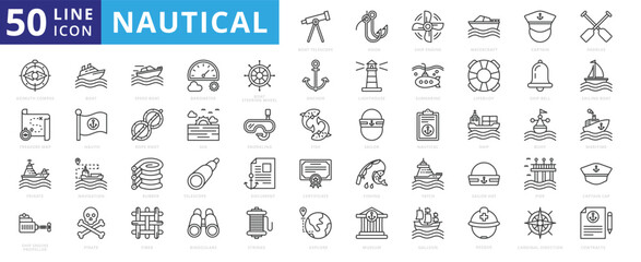 Nautical icon set with hook, ship engine, watercraft, captain, paddles, propeller, azimuth compass, treasure map and frigate.