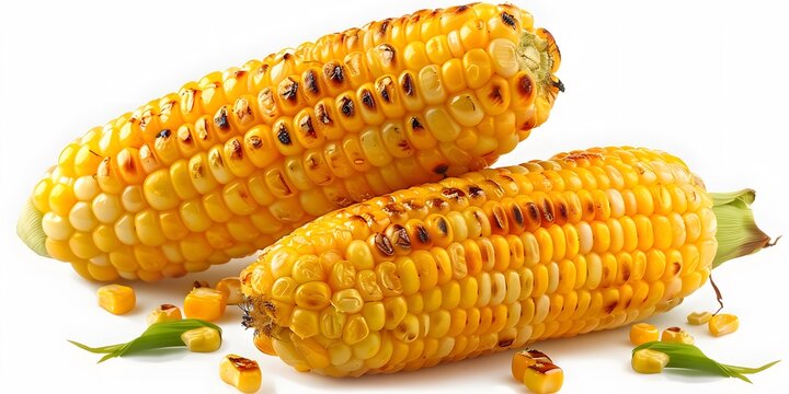 Grilled corn on the cob with char marks on white background, showcasing delicious summer food