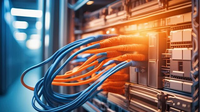 High-speed data cables connected to a server in a dimly lit server room. Blue and orange cables indicating different types of connections. 