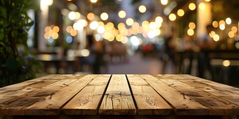Wooden table top with blurred lights in background, ideal for restaurant, cafe, social gathering themes