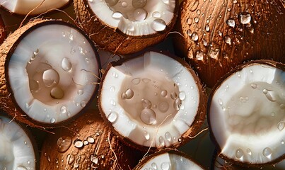Coconut halves with glistening water drops, tropical freshness food themes