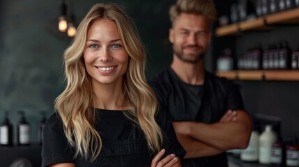 A hairstylist and client smiling at each other in a hair salon.