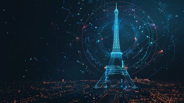 Digital Eiffel Tower with Futuristic Networks, Blue Hues, Paris, Night Scene, Neon Lights, Connectivity, Modern Art, Detailed. Background with copy space.
