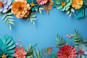 Fototapeta premium Vibrant Paper Flowers and Leaves on Blue Background, Close-Up