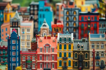 Obraz premium Vibrant and colorful miniature toy cityscape with detailed tiny buildings and playful architecture, perfect for educational and creative hobby collection and display for kids