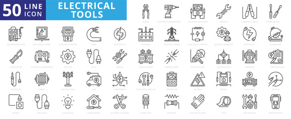 Electrical Tools icon set with screwdrivers, voltage indicator, wrench, current clamps, screwdriver and welding machine.