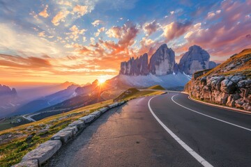 Mountain road at colorful sunset in summer. Dolomites, Italy. Beautiful curved roadway, rocks, stones, blue sky with clouds. Landscape with empty highway. Travel - generative ai