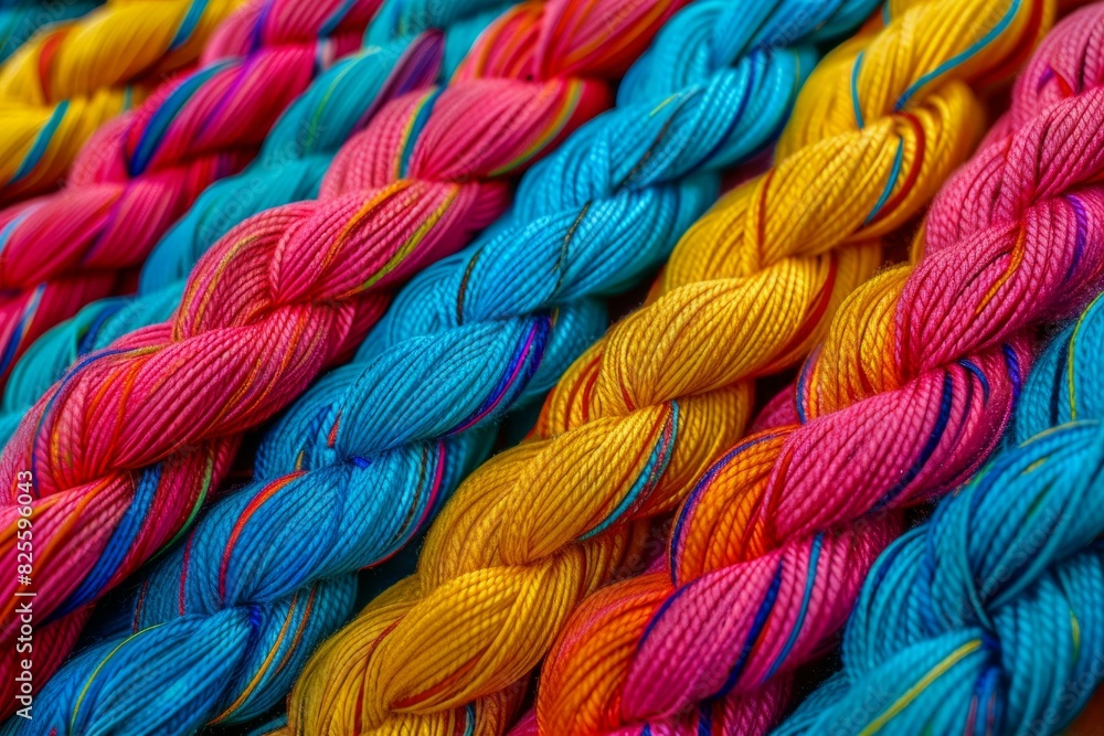 Poster vibrant macro image showcasing an array of colorful intertwined embroidery threads