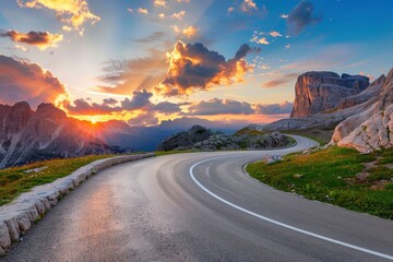 Mountain road at colorful sunset in summer. Dolomites, Italy. Beautiful curved roadway, rocks, stones, blue sky with clouds. Landscape with empty highway. Travel - generative ai