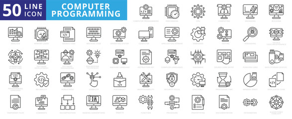 Computer Programming icon set with performing, cpu, computing, designing, building, analysis and generating algorithms.