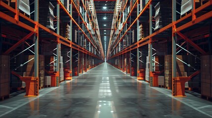 Fototapeta premium A large warehouse with rows of shelves.