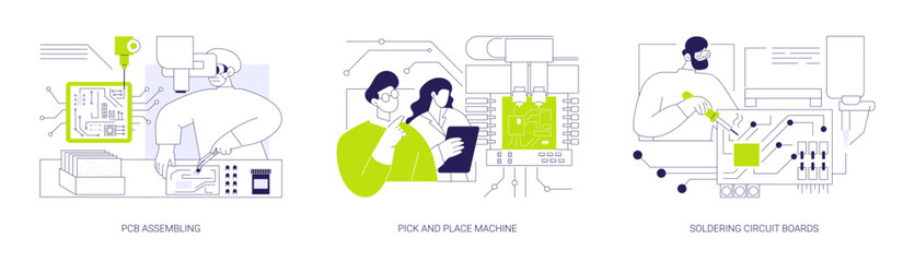 Electronic devices manufacturing abstract concept vector illustrations.