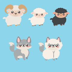 set editable de ovejas, oveja negra, carnero y lobo vestido de oveja, cuento infantil clasico