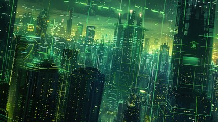 Immerse yourself in a visionary digital cityscape adorned with glowing lines.