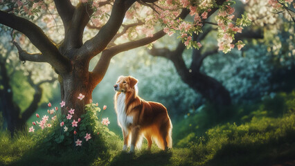 A dog standing on grass under a blossoming tree with pink flowers