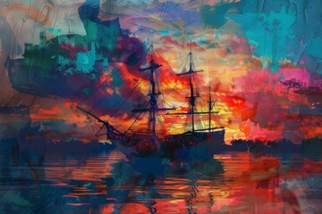 Colorful abstract digital painting of a sailing ship against a vibrant sunset sky reflected in water