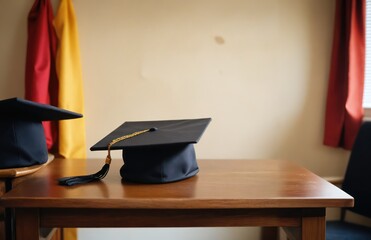 Graduation Cap on Wooden Table